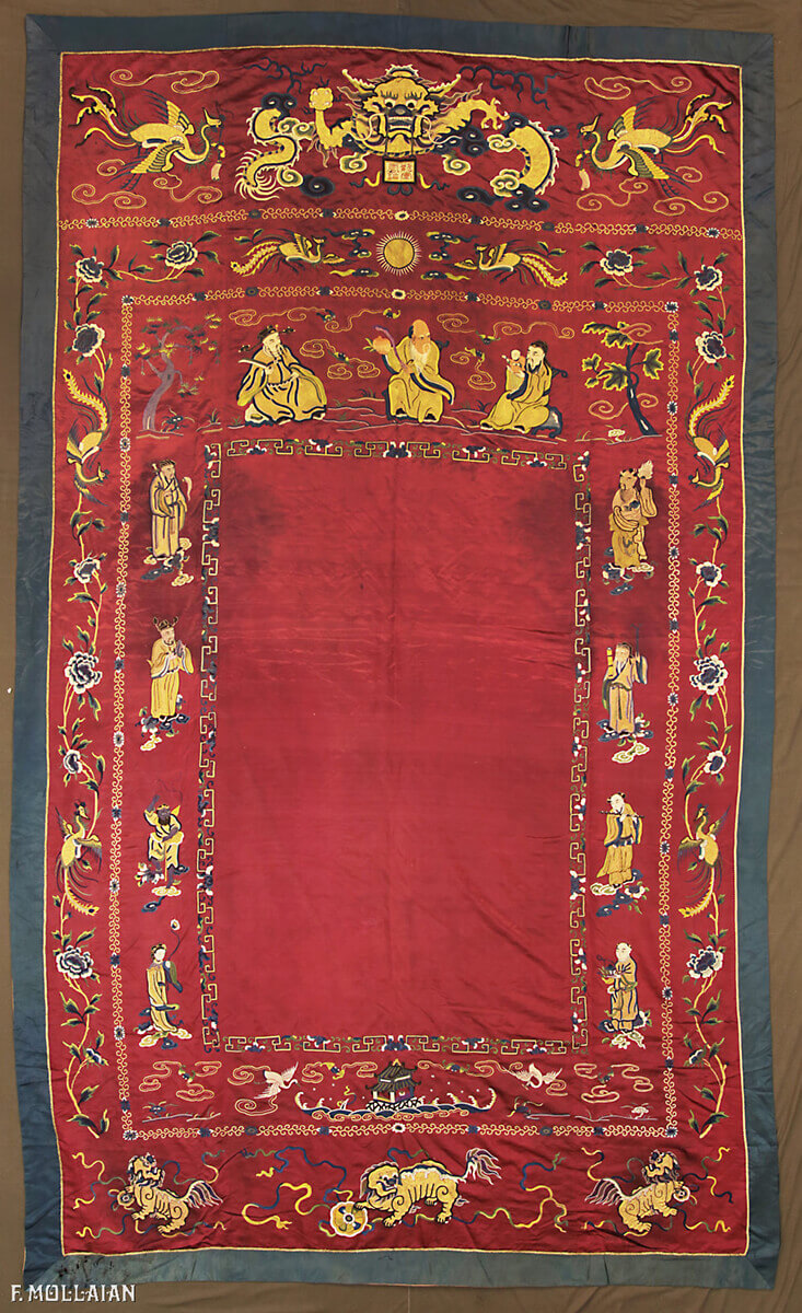 Chinese Imperial Signed Antique Silk and Metal Thread Embroidery (Immortals and Fu Dog) (320x188 cm)